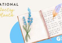 Submit your work: Spotlighting SLCC poets for National Poetry Month Graphic depicting a quill pen writing in a notebook for National Poetry Month