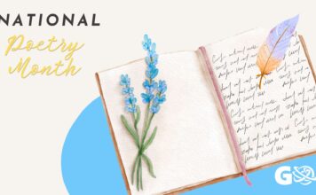 Submit your work: Spotlighting SLCC poets for National Poetry Month Graphic depicting a quill pen writing in a notebook for National Poetry Month