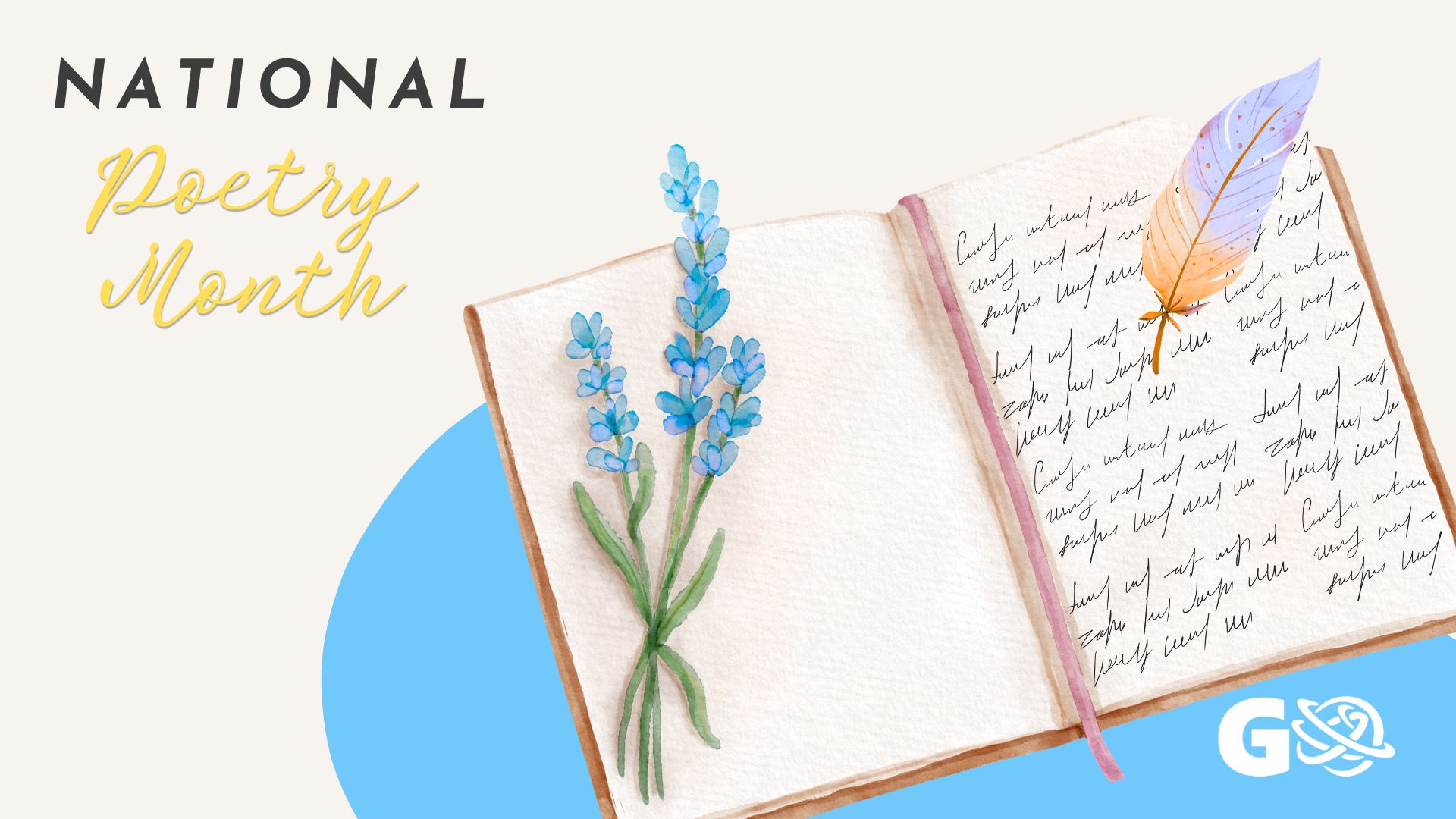 Graphic depicting a quill pen writing in a notebook for National Poetry Month