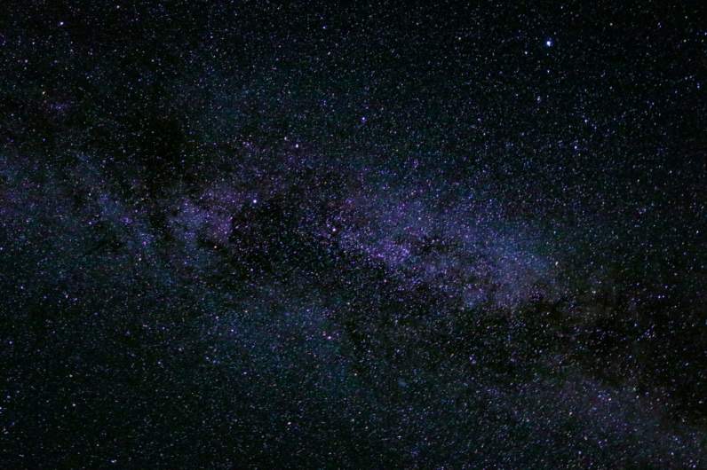Night sky, many stars with milky way around Cygnus constellation, North America nebula visible