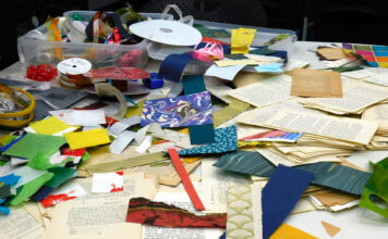 Community crafts visual poetry at the Markosian Library Miscellaneous crafting supplies scattered on a table