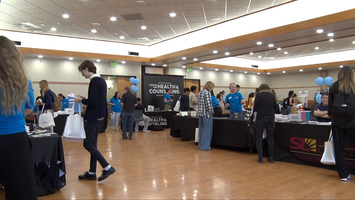 Tables set up for a fair inside the Student Center