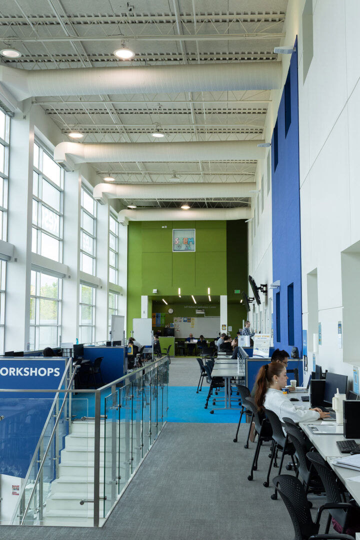 Computers and study areas located on the upper floor of the SI Building