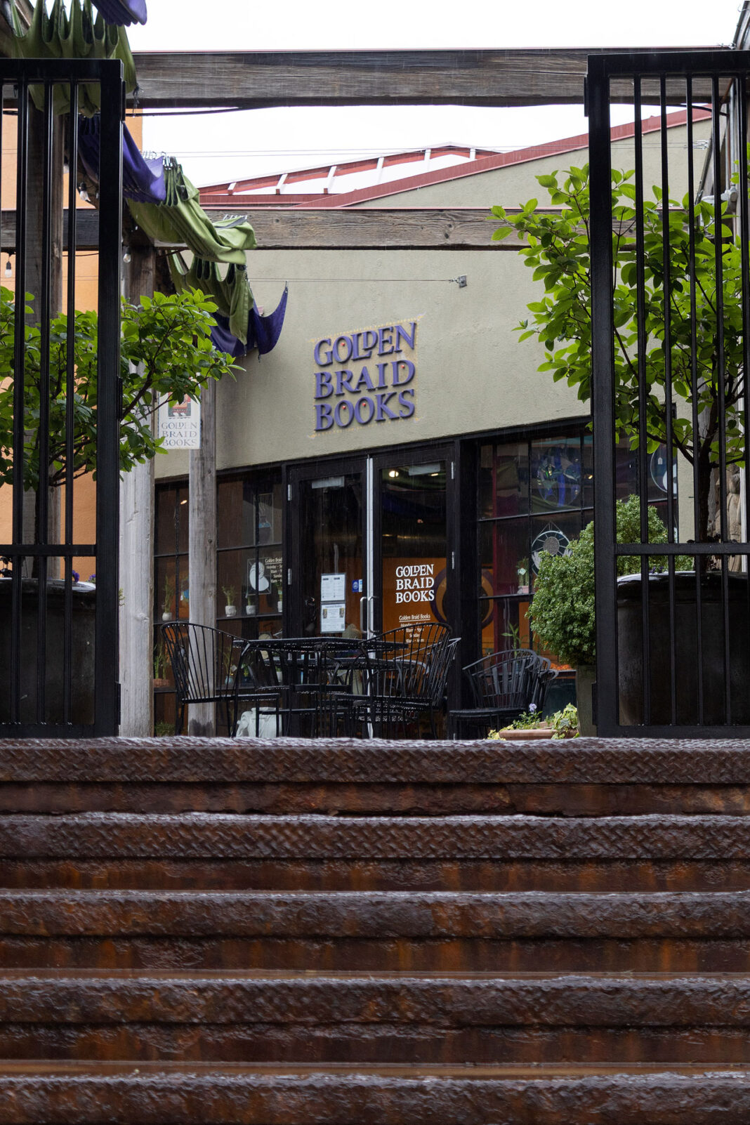 View of steps leading to Golden Braid Books