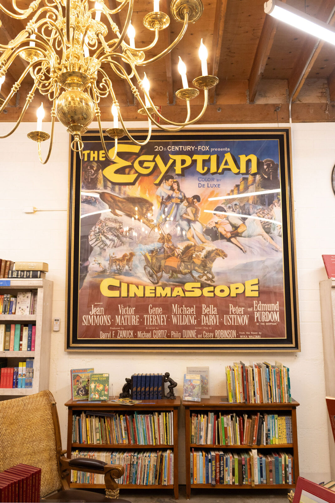 Framed movie poster surrounded by full bookshelves