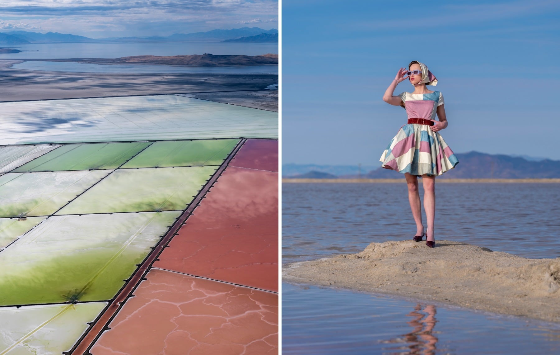 Evaporation ponds on the left, model wearing a dress design on the right