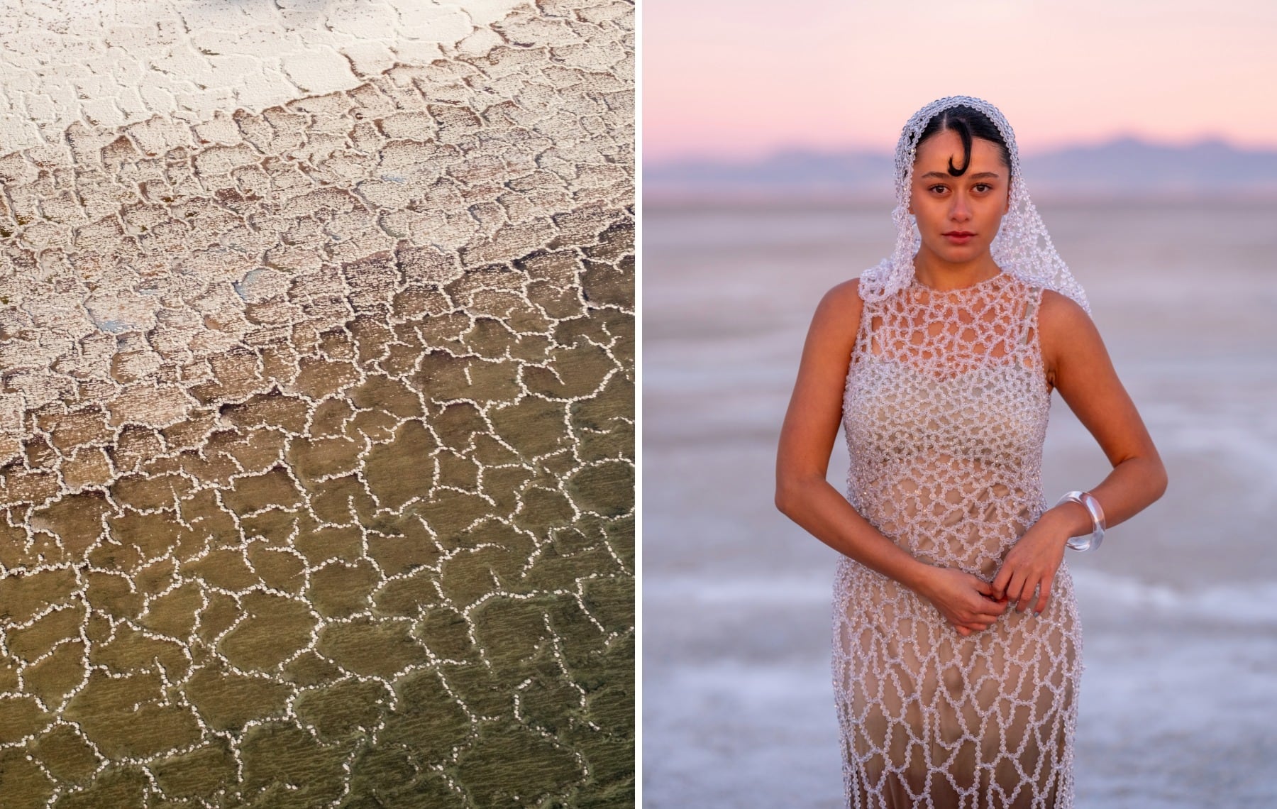 Overhead view of salt mounds on the left, fashion model wearing inspired design on the right