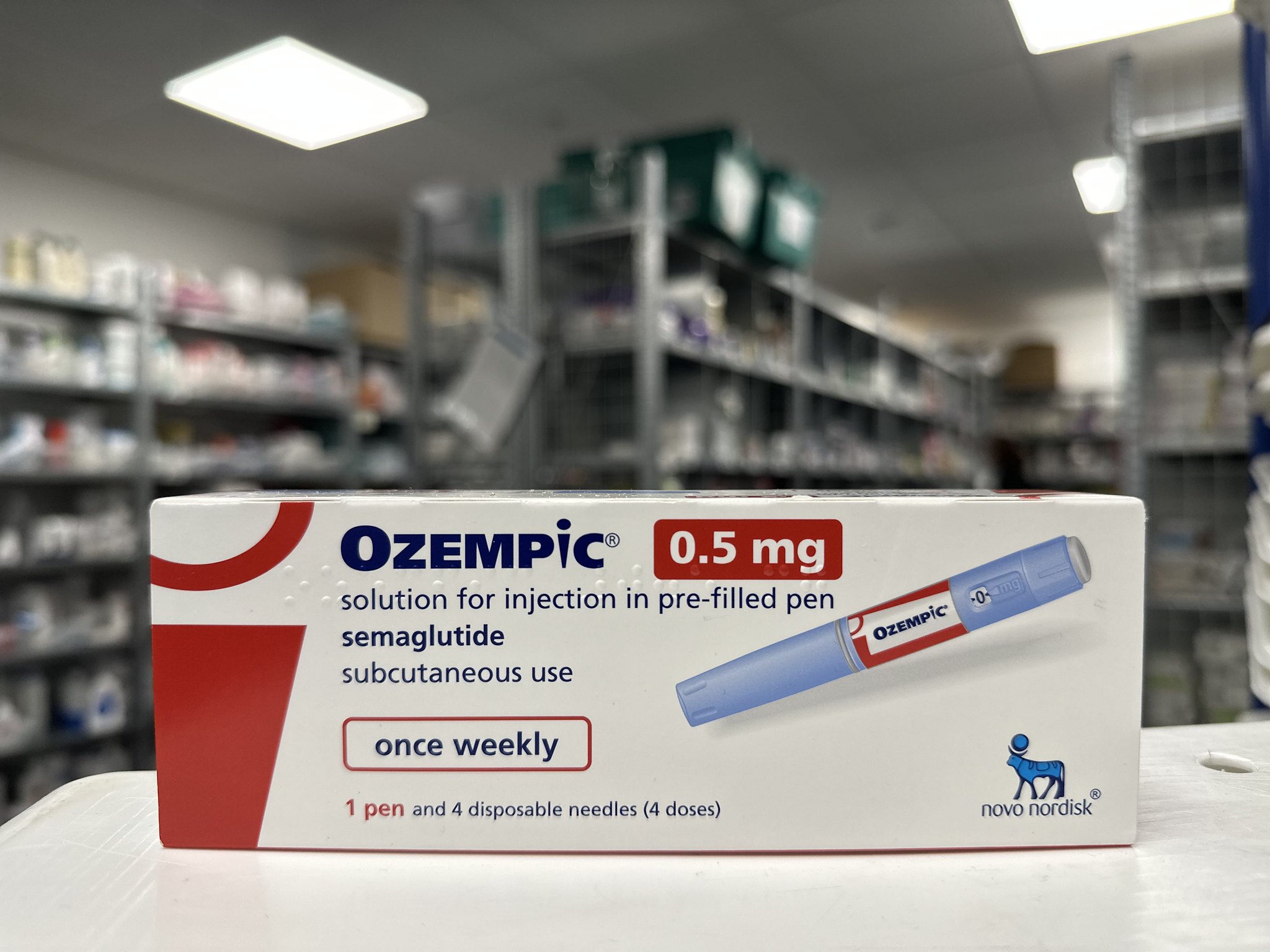 A box of Ozempic (semaglutide) 0.5 mg displayed in a pharmacy