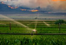 Utah’s growing water crisis creates challenges across the state Sprinklers water a field as wildfires burn on distant mountains