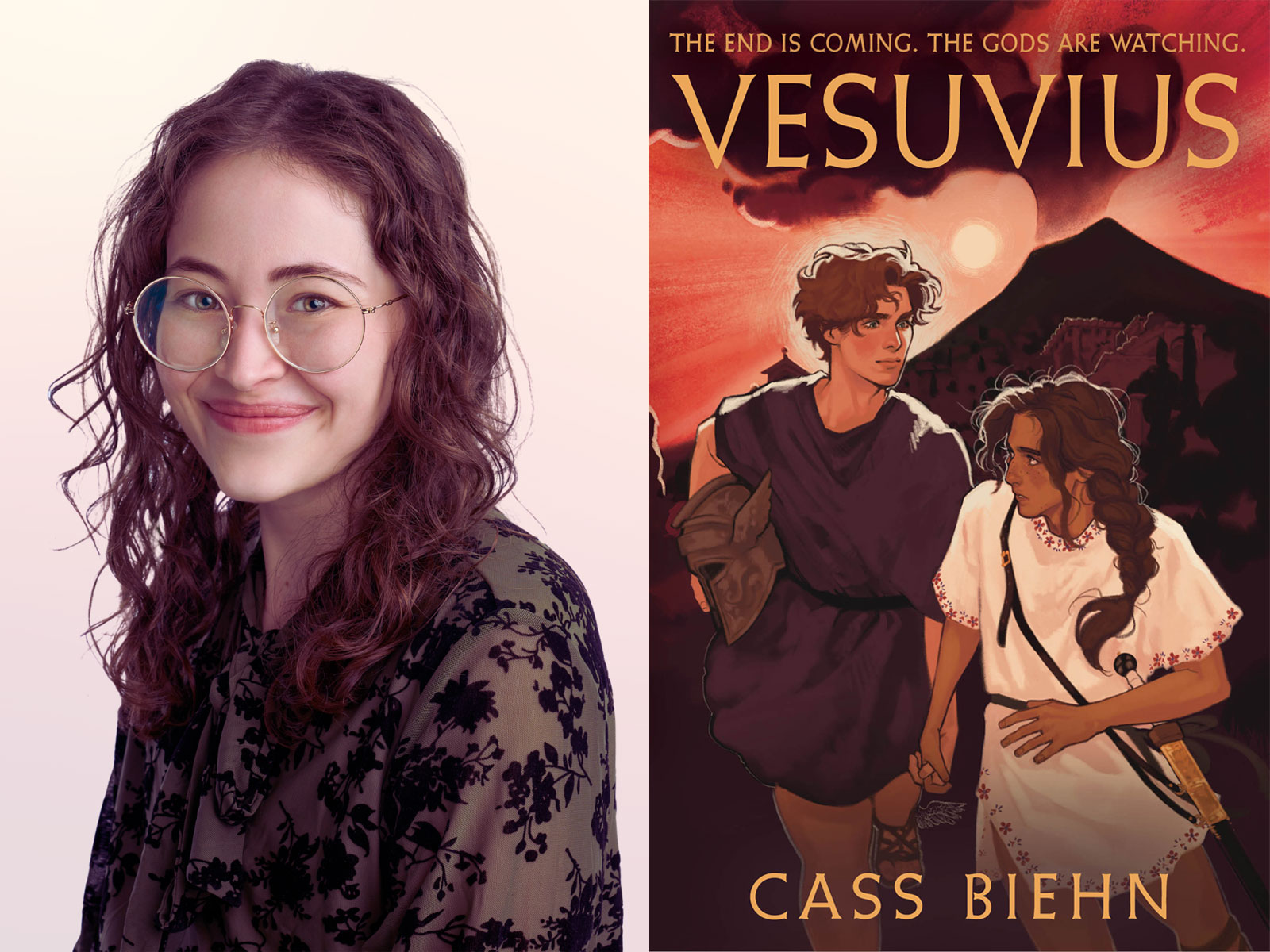 A headshot of Cass next to the cover of their novel