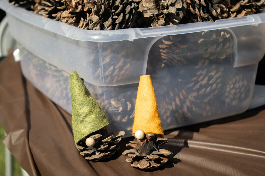 Two pine cones sitting on a table decorated with little hats and noses