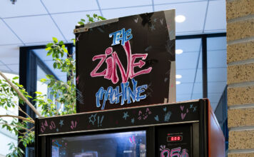 Zine Machine honors late Publication Center specialist Ken Nelson Portrait style photo of the Zine Machine, mainly colors of blue and pink