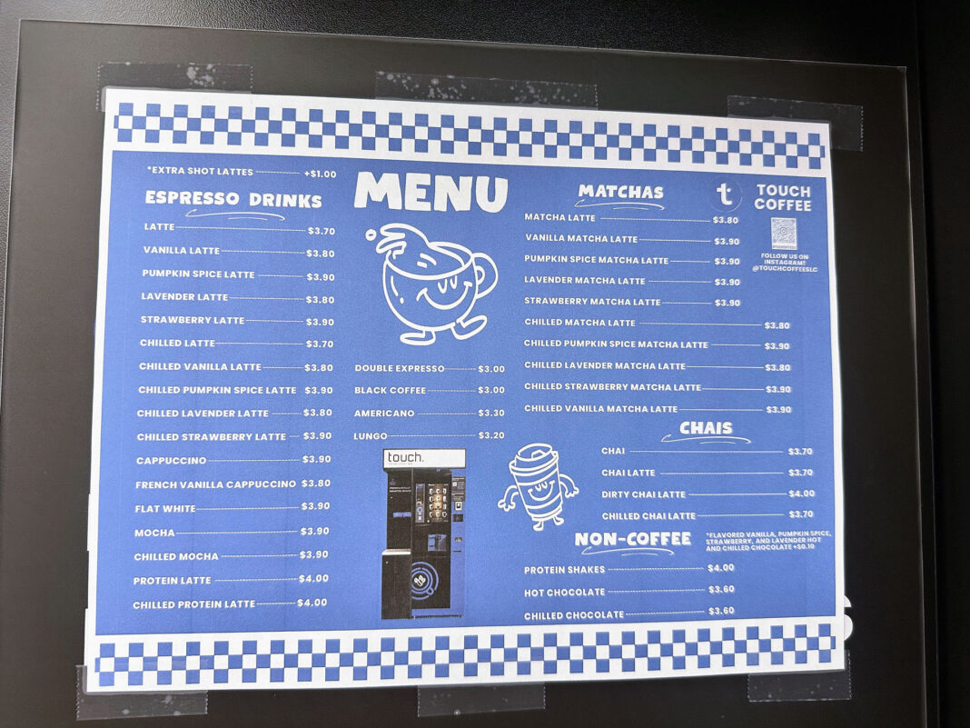 Close up of menu for Touch Coffee machine