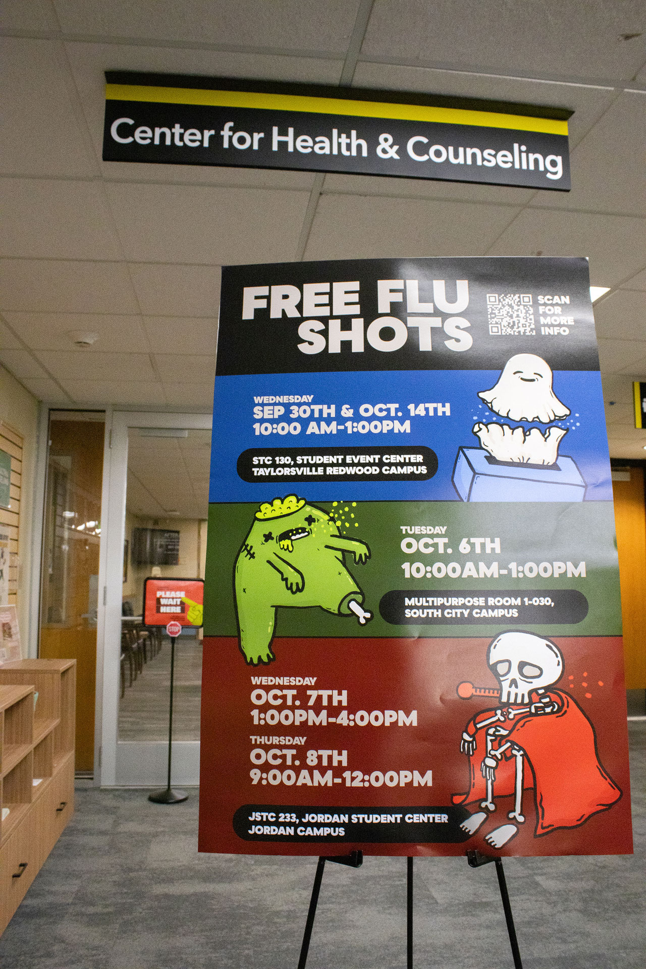 Poster reads "Free flu shots" with clinic dates and times