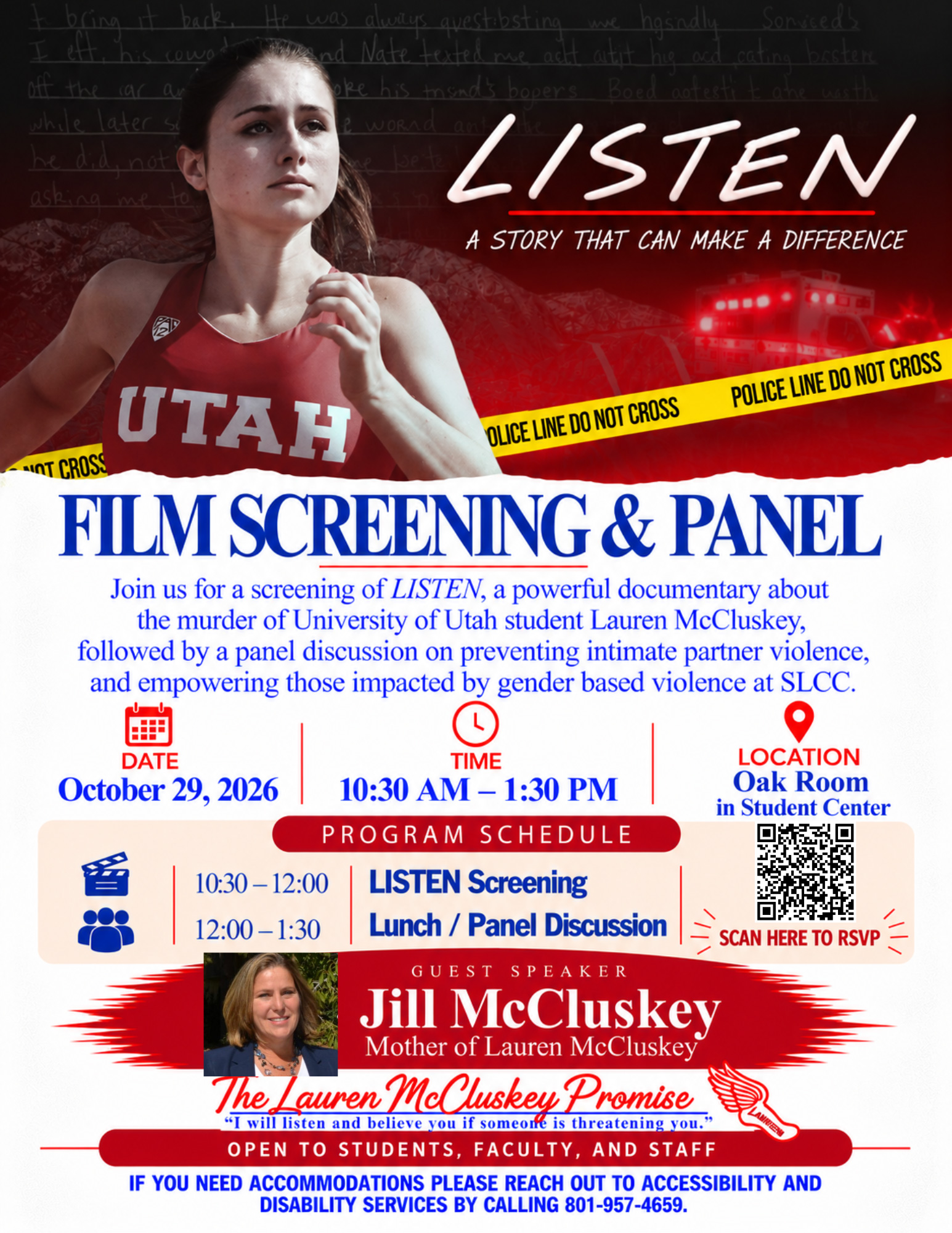 Flyer detailing the "Listen" film screening and panel on Oct. 29, 2026