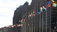 Photo of hundreds of national flags waving outside of UN headquarters in Manhattan