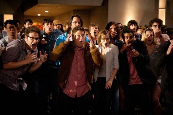 Still from This is the End featuring Seth Rogen, Jonah Hill, Emma Watson and Aziz Ansari.