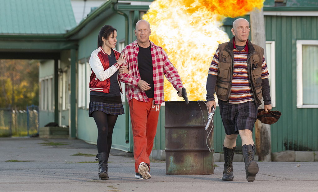 Movie review: ‘Red 2’ a raucous reunion of guns, guffaws Still from 'Red 2' featuring from left to right: Mary-Louise Parker, Bruce Willis and John Malkovich