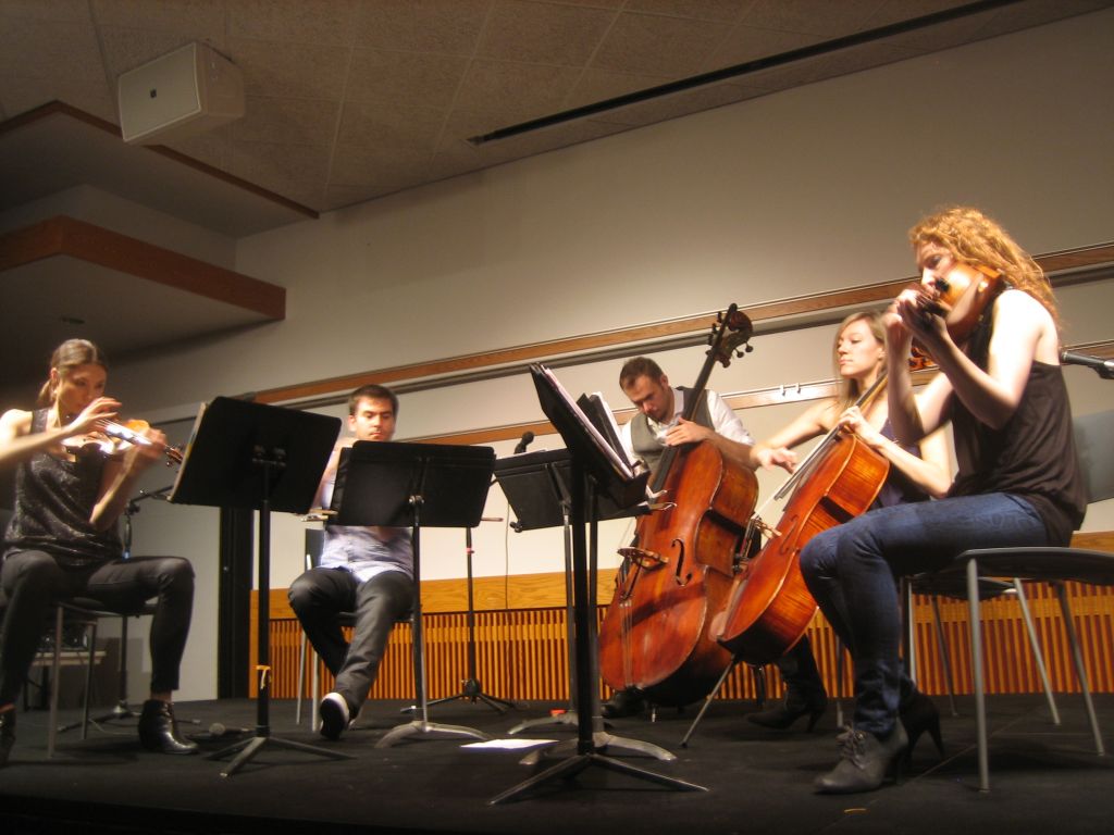 Sybarite5 plays experimental and impressionistic music to a sold out crowd Violinists Sarah Whitney and Sami Merdinian, double bassist Louis Levitt, Cellist Laura Metcalf, and Violist Angela Pickett