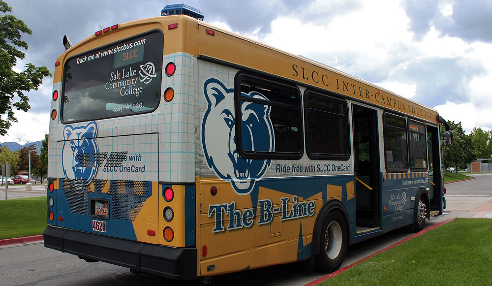 2 transit options for SLCC commuters Rear of B-Line shuttle bus