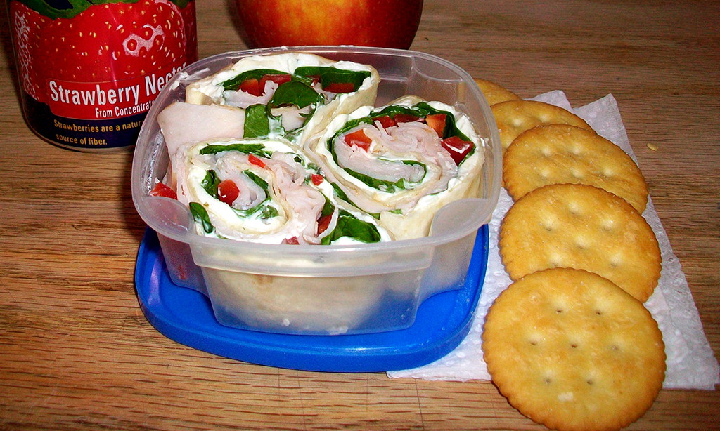 What’s for lunch? Spinach cream cheese wrap, crackers and drink