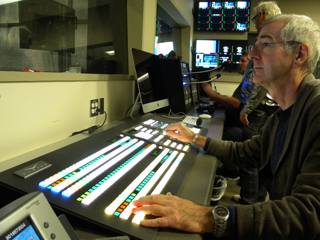 SLCC celebrates the opening of the Center for Arts and Media Nick Burns testing the Ross Vision production switcher in new TV Broadcast production control room in CAM.