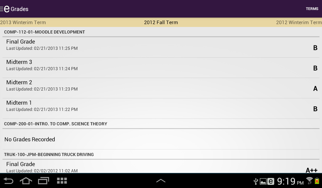 Ellucian app brings MyPage to mobile devices Screenshot of class grades in Ellucian GO app