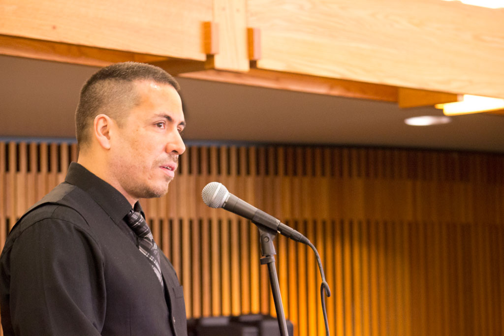 Hard work and garden poems inspire students to move forward Joaquin Zihuatanejo speaking in the Oak Room of the Taylorsville Redwood Campus.