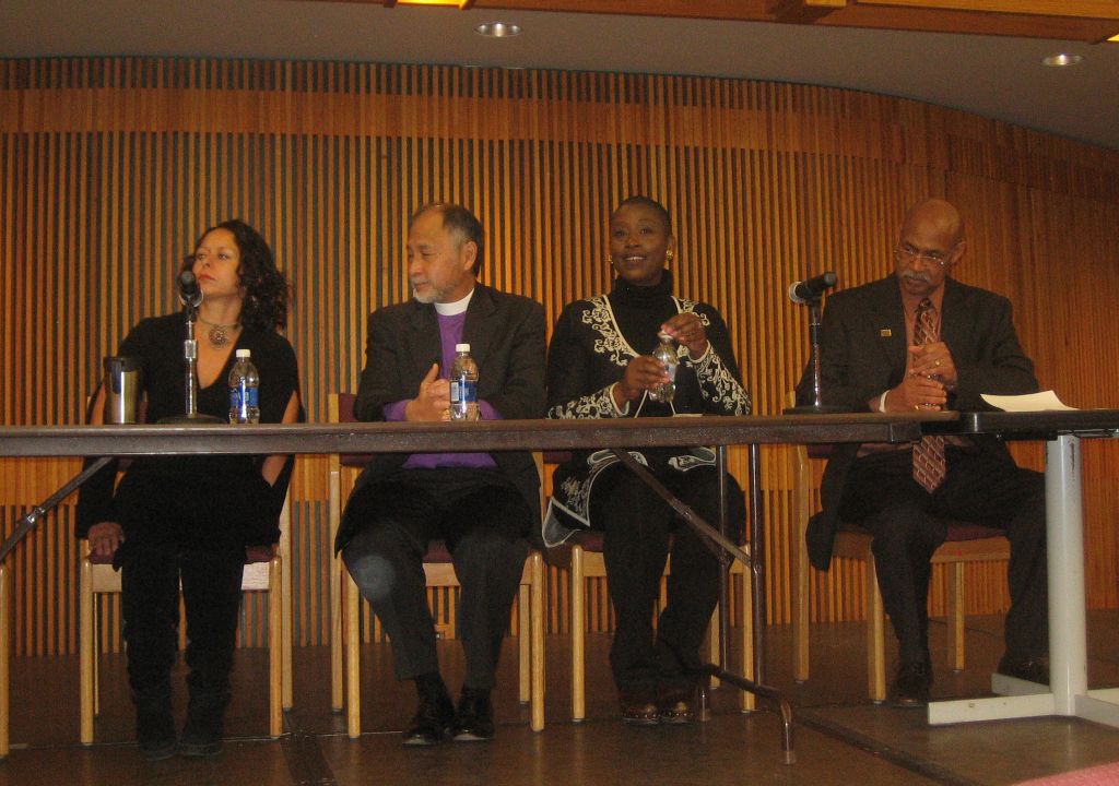 Honoring Dr. King’s humanitarian legacy Ruby Chacon, Rt. Rev. Bishop Scott Hayashi, keynote speaker Michele Goodwin, and Jack Hesleph participate in a post-ceremony panel discussion.