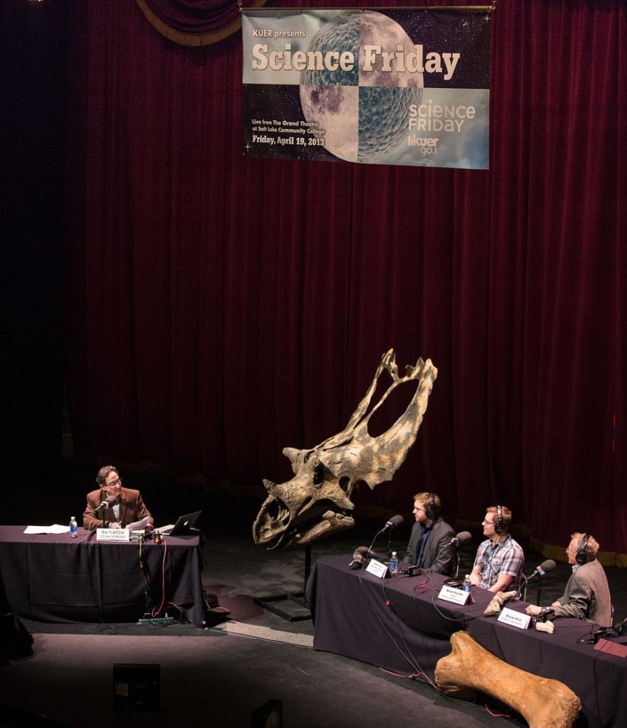 Jurassic talk at the Grand From left to right: Ira Flatow, Utahceratops skull, Randall Irmis, curator of paleontology at the UNHM, Brian Switek, author of “My Beloved Brontosaurus,” and Brooks Britt, associate professor from the Department of Geological Sciences at BYU.