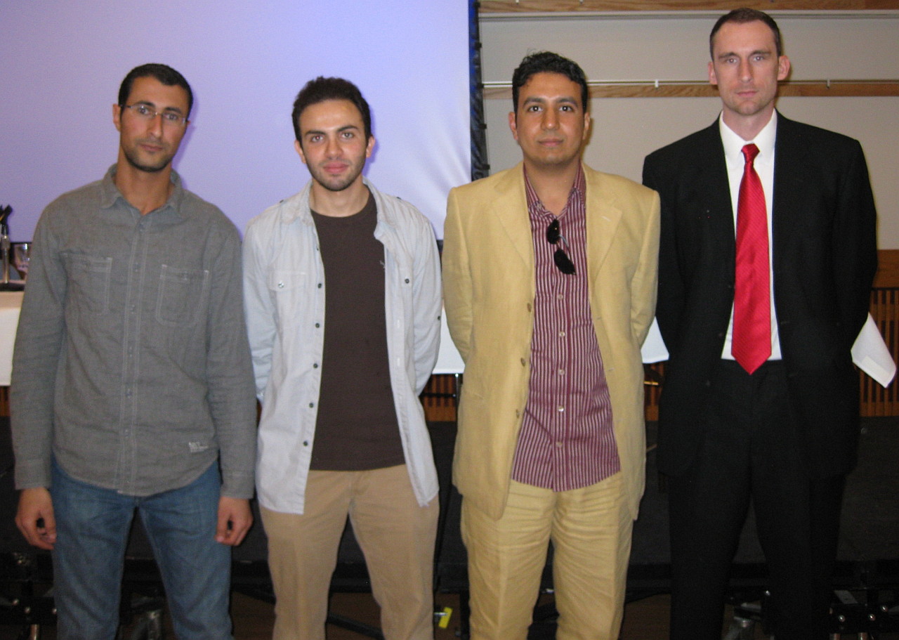 Egyptian Panel discusses hope From left to right: Ahmed Adel, Mohanad Mossalam, Moaz Mahoud, and David Hursey.