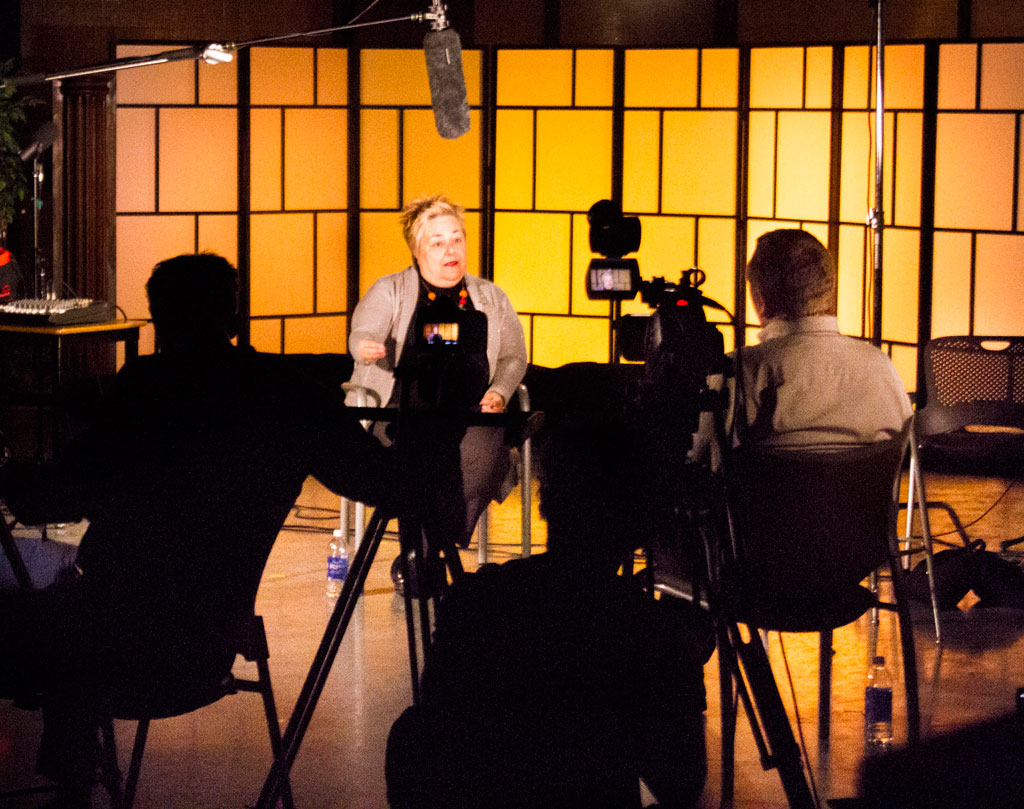 Architecture and Technology: Inside the CAM: Television/Radio Broadcast and Film Studies Students using the South City television study, guest pictured: Shahar Boyayan.