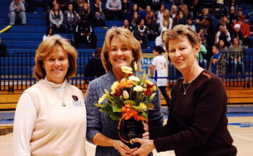 A Slick Look at Sports: Celebrating longevity From left to right: SLCC President Cynthia Bioteau, Coach Betsy Specketer and Athletic Director Norma Carr.