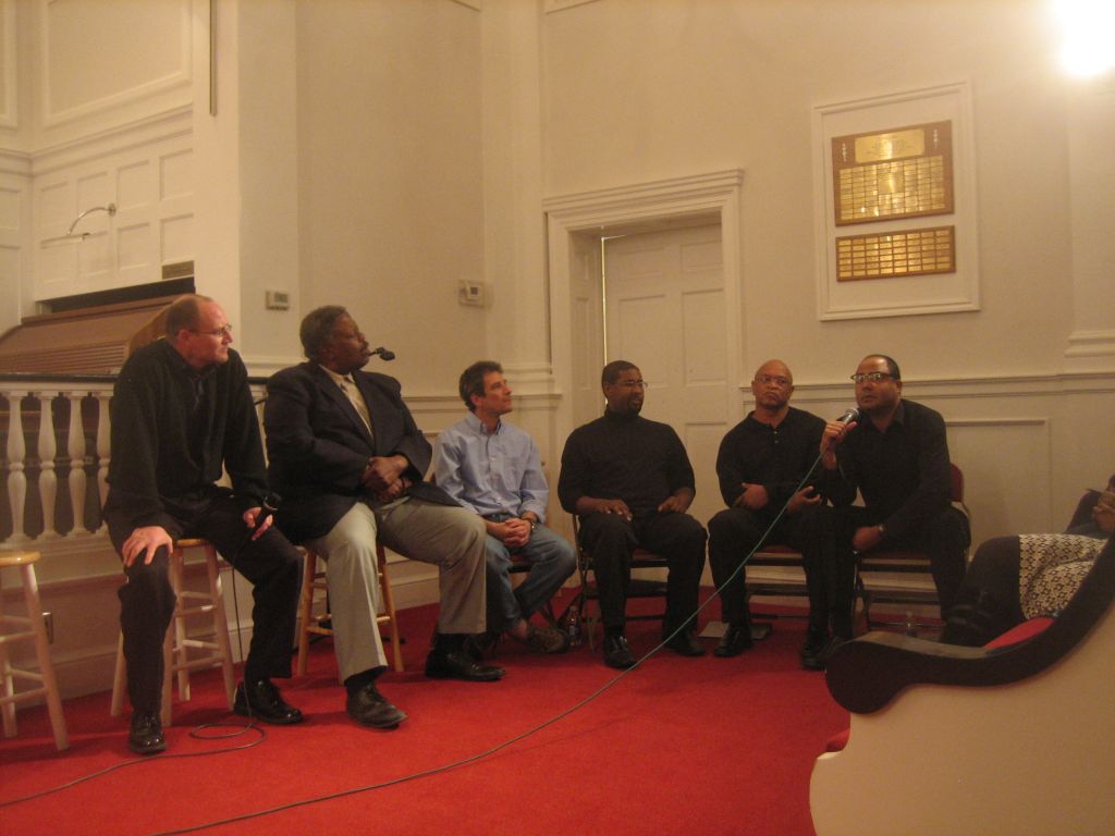 Panel discusses ‘The Meeting’ and legacies of Martin Luther King Jr. and Malcolm X The panel from left to right, Ted Moore, Clifton Sanders, Josh Gold, Terence Johnson, Harold DeHorney and Lonzo Liggins.