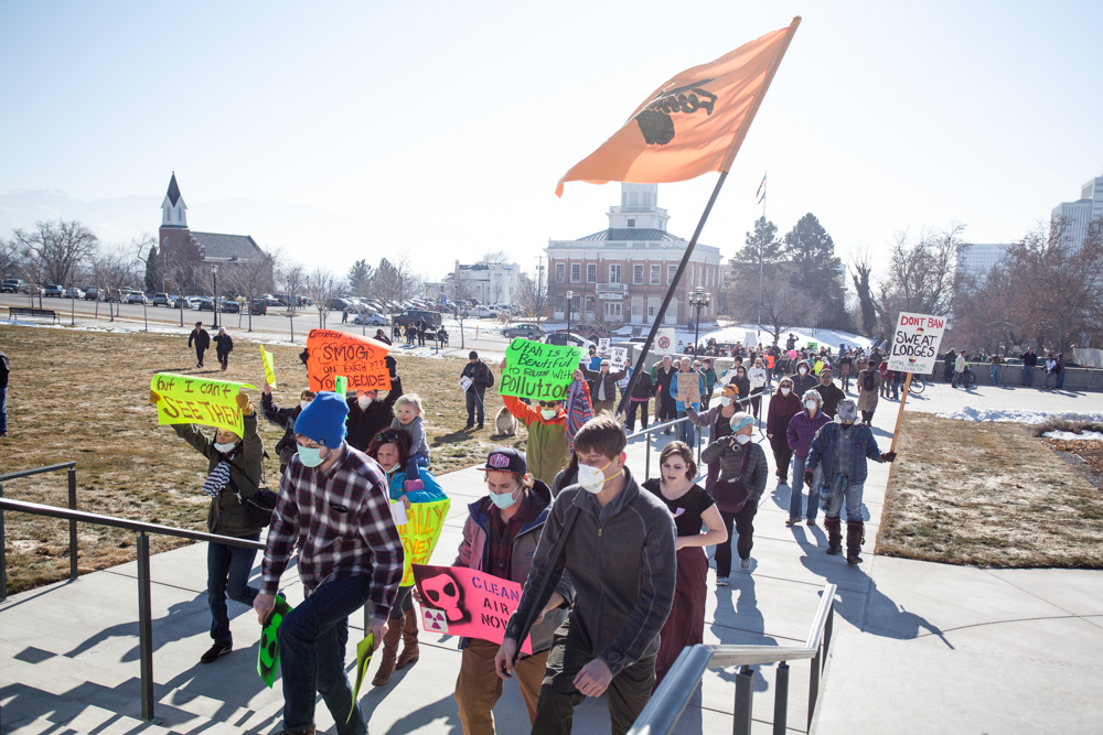 Utahns rally for better air quality masked clean air protestors