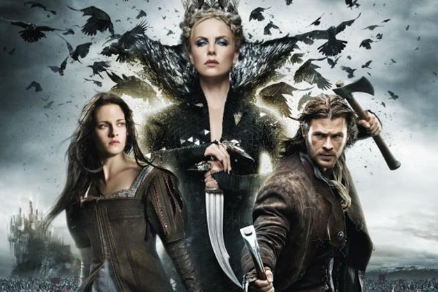 Kristen Stewart as Snow White, Charlize Theron as The Evil Queen, and Chris Hemsworth as the Huntsman