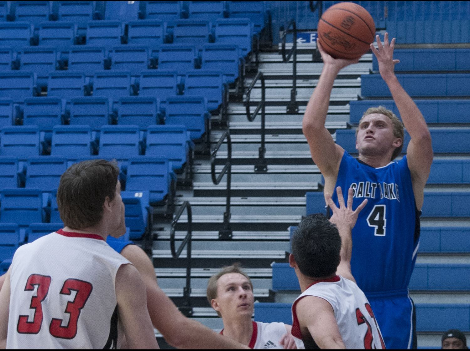Bruins Men’s Basketball finishes strong in season opener Jaden Jackson (#4) shoots over a Utah Pump-n-run defender