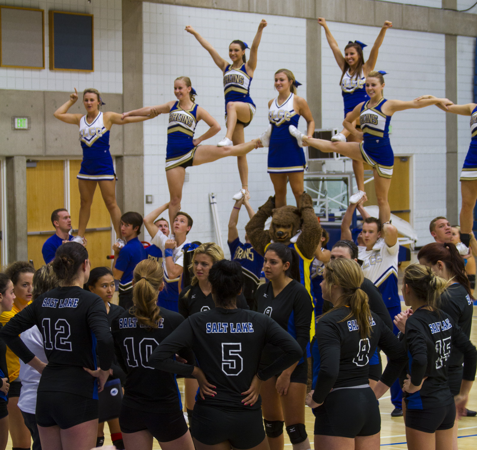 Bruins face ranked opponent on Friday Cheer Squad in pyramid form with the help of the Bruin bear during a time out.
