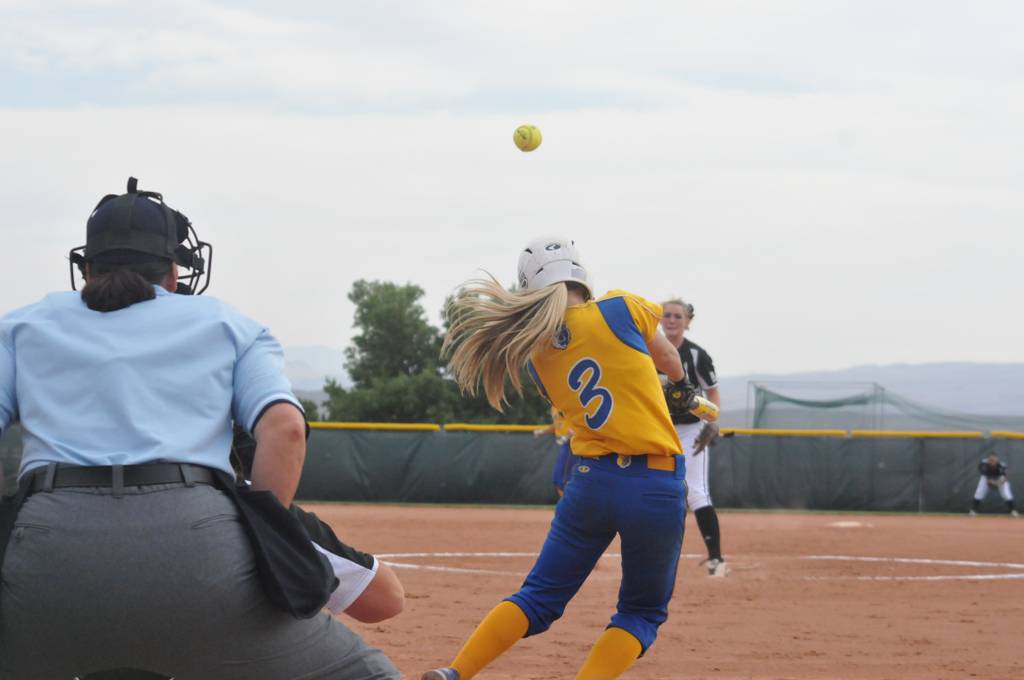 Bruins softball finishes season as National Runner-Up for 3rd consecutive year Sophomore outfielder Malia Campos connects with a 2-1 pitch for a base hit against Weatherford College at NJCAA Nationals.